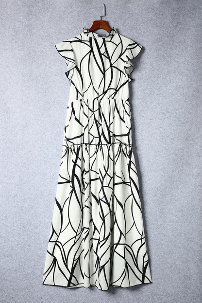 Abstract Vein Print V Neck Ruffle Maxi Dress | White