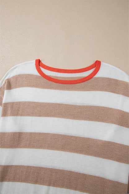 Colourblock Striped Round Neck Drop Shoulder Sweater | Apricot