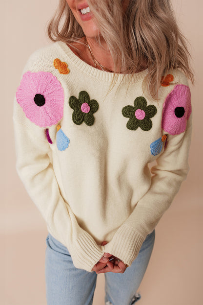 Knitted Flower Pattern Ribbed Edge Sweater | Beige