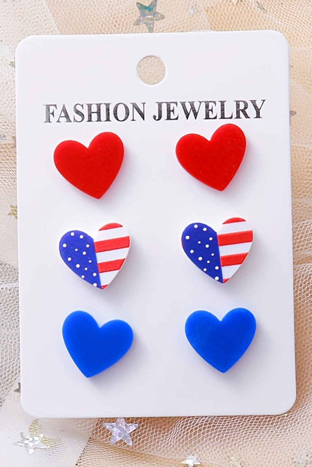 American Flag Print Heart Shape Stud Earrings Set | Fiery Red