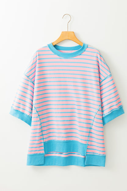 Oversized Contrast Trim Exposed Seam High Low T Shirt | Pink Stripe