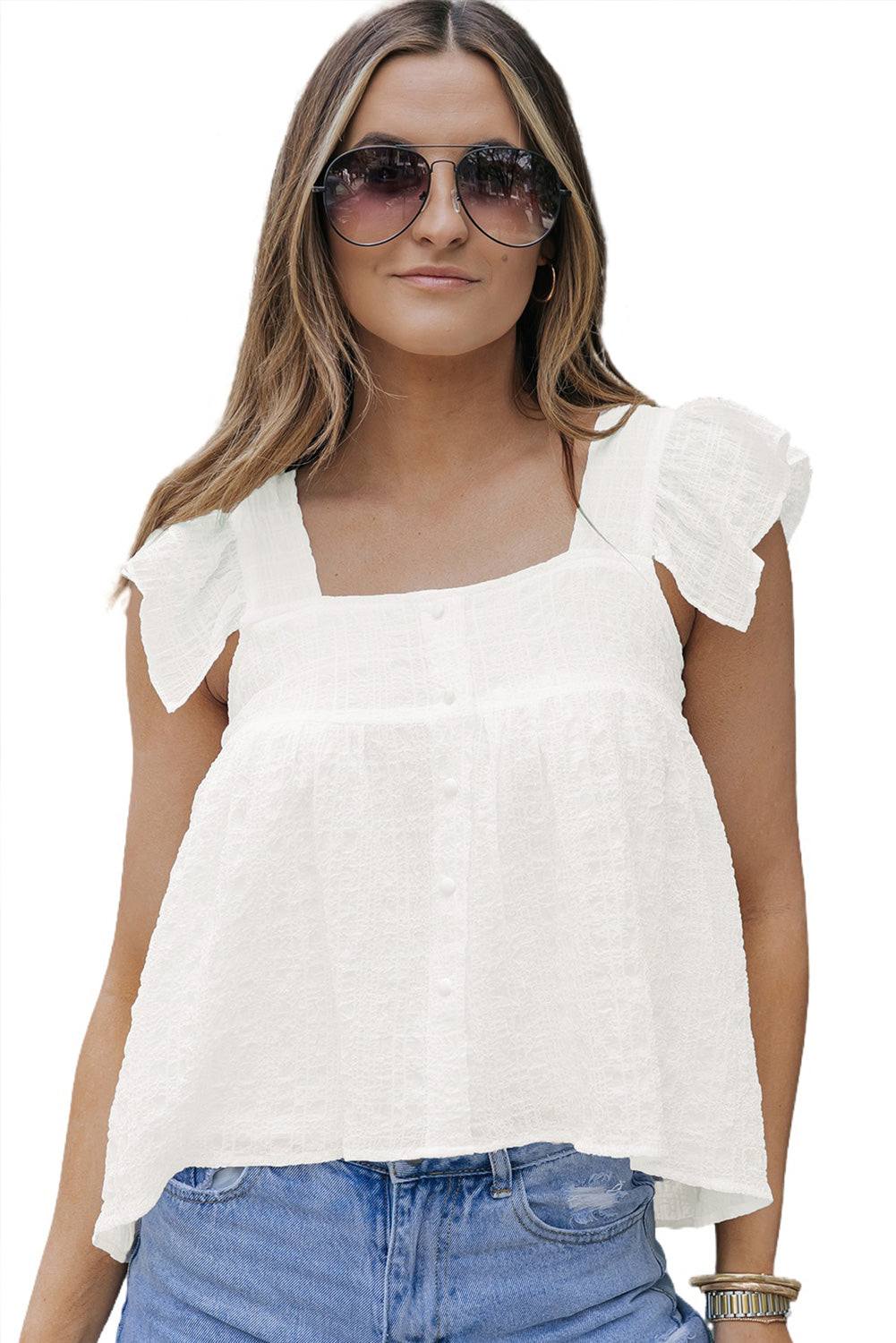 Square Neck Textured Flowy Tank Top | White