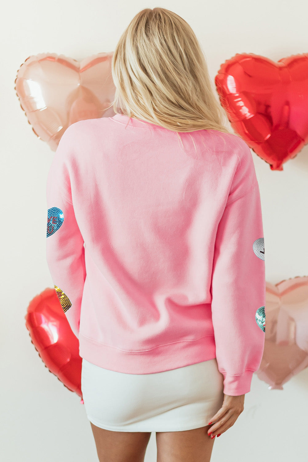 Sequin Romantic Letters Heart Graphic Valentines Sweatshirt | Pink