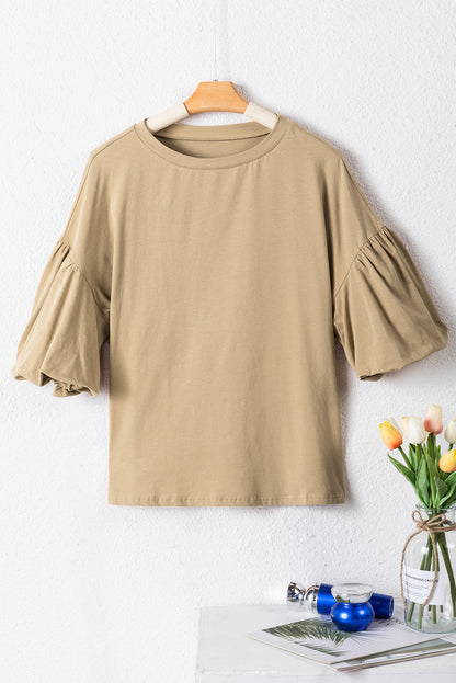 Solid Colour Lantern Sleeve Drop Shoulder Blouse | Light French Beige