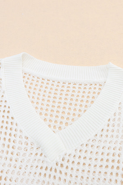 Hollow Out Knitted Loose Fit V Neck Sweater | White