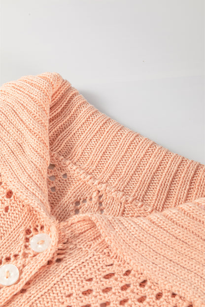 Hollowed Knit 3/4 Dolman Sleeve Buttoned Collared Sweater | Apricot Pink