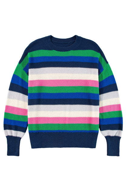 Rainbow Striped Crew Neck Drop Shoulder Sweater | Bright Green