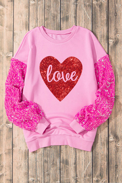 Shiny Heart Shape Love Print Sequined Sleeve Sweatshirt | Pink