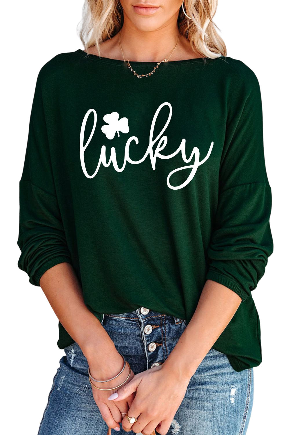 Lucky Clover Graphic Print Long Sleeve Top | Green