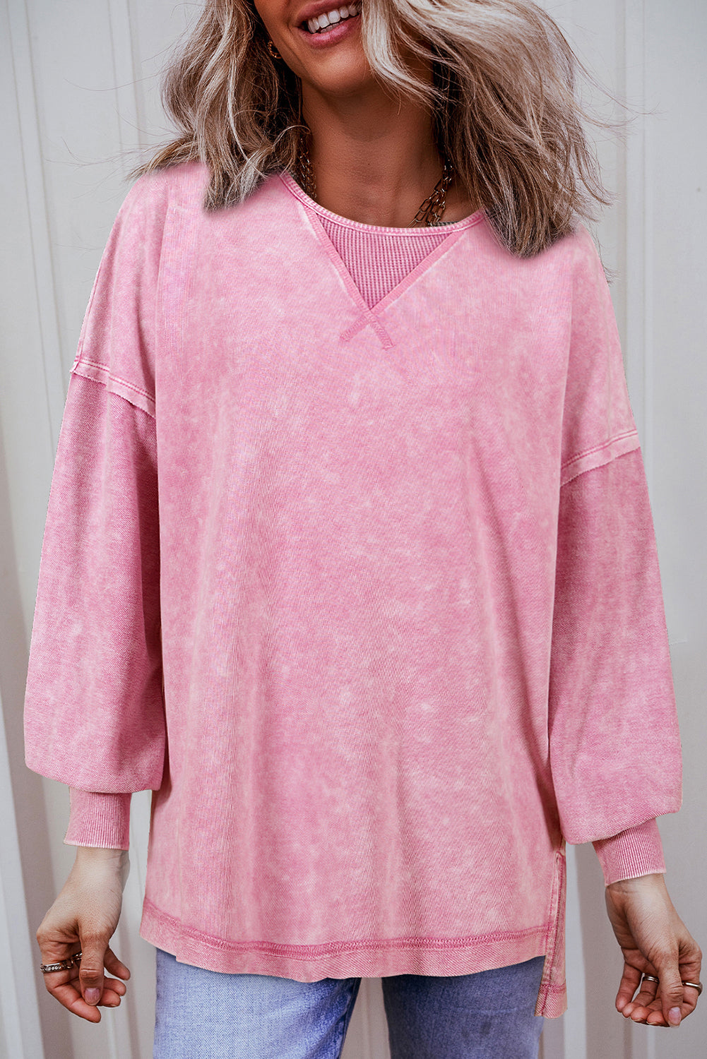 Mineral Wash Drop Shoulder Pullover Sweatshirt | Strawberry Pink