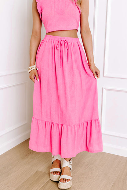 Textured Ruffle Trim Crop Vest Lace-Up Long Skirt Set | Bonbon