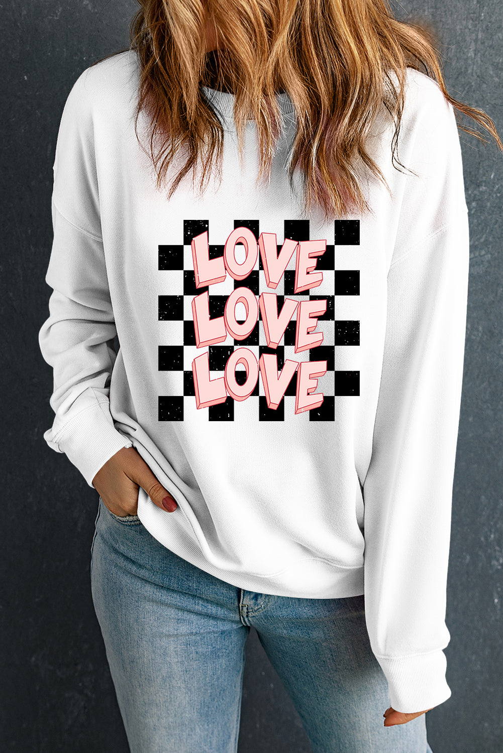 Checkerboard Love Printed Round Neck Valentines Sweatshirt | White