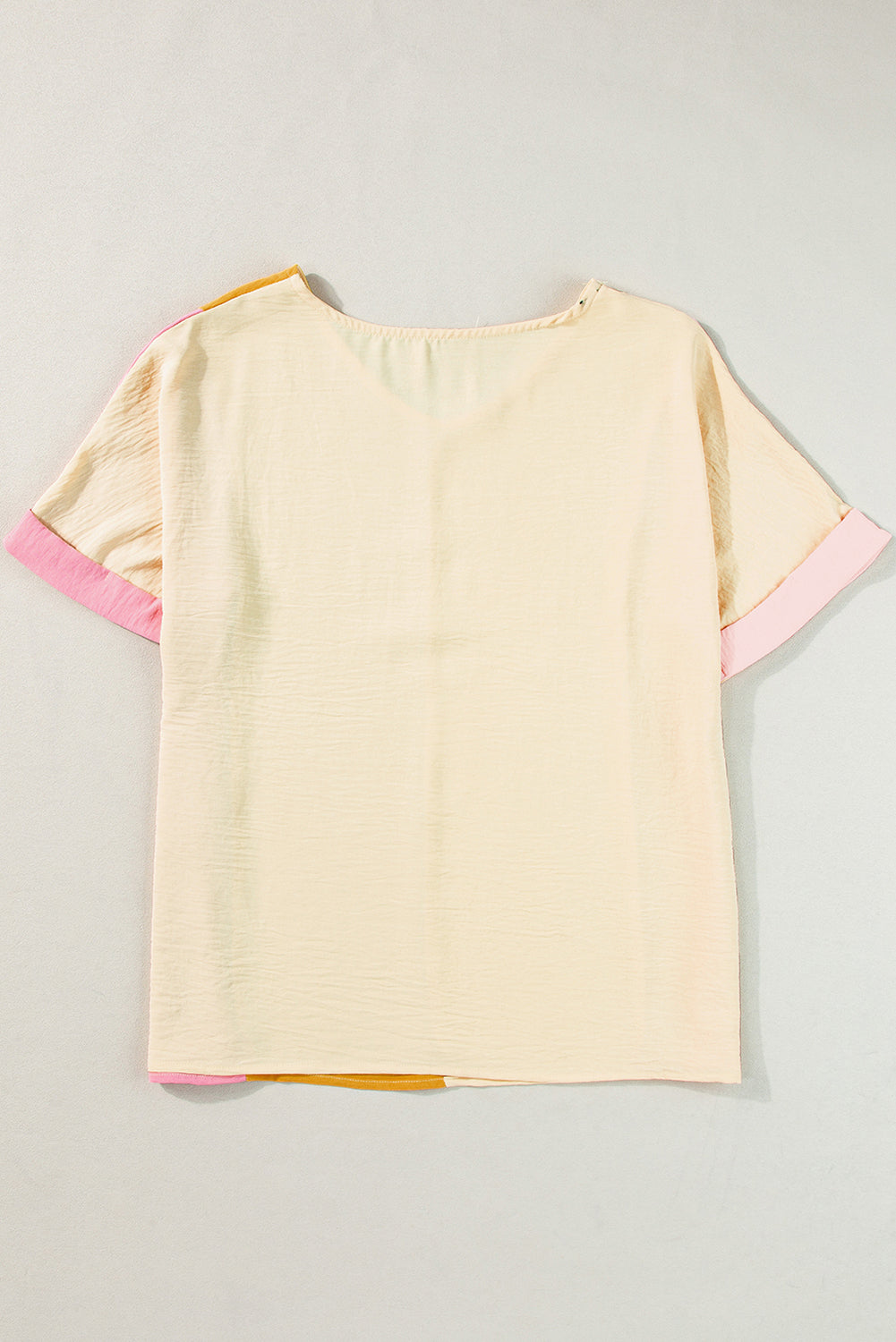 Crinkled Colourblock Patchwork V Neck T Shirt | Apricot