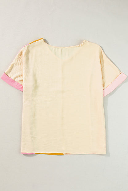 Crinkled Colourblock Patchwork V Neck T Shirt | Apricot