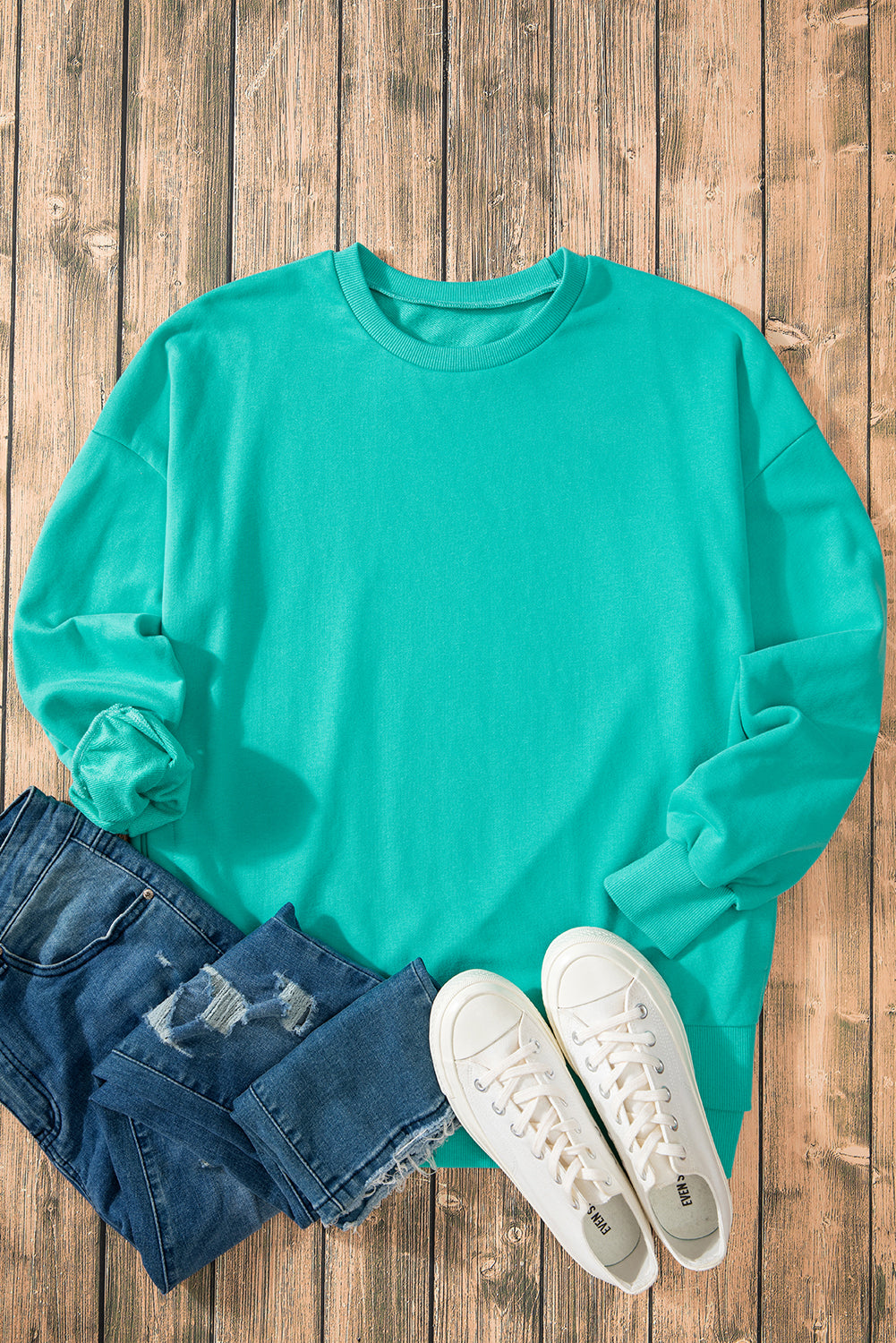 Solid O Neck High Low Hem Pullover Sweatshirt | Aruba Blue