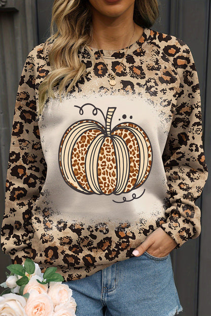 Bleached Halloween Pumpkin Leopard Print Sweatshirt | Brown