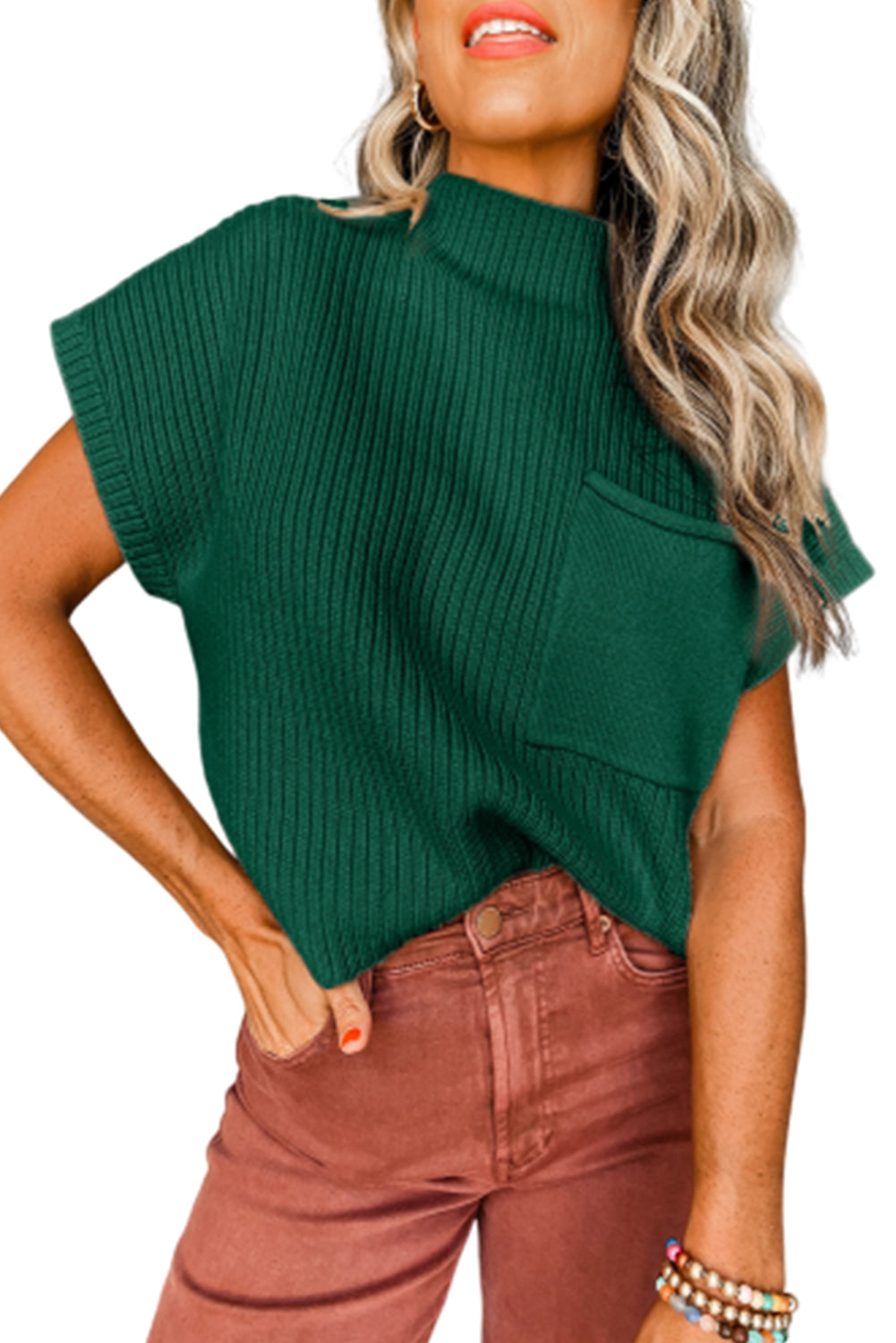 Patch Pocket Ribbed Knit Short Sleeve Sweater | Blackish Green