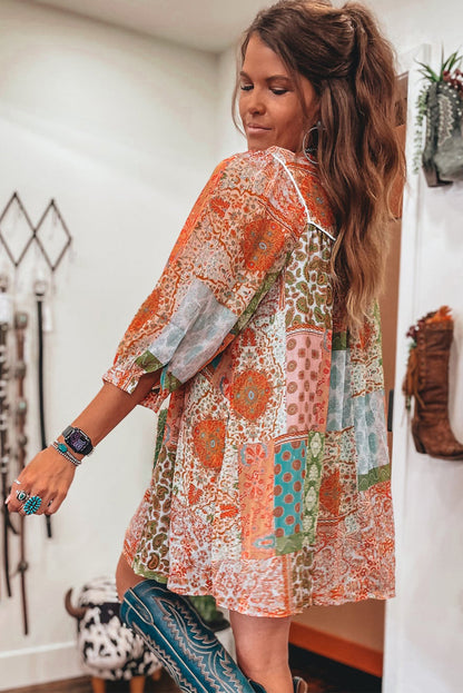 Boho Paisley Mixed Print 3/4 Sleeve Chiffon Loose Dress | Orange