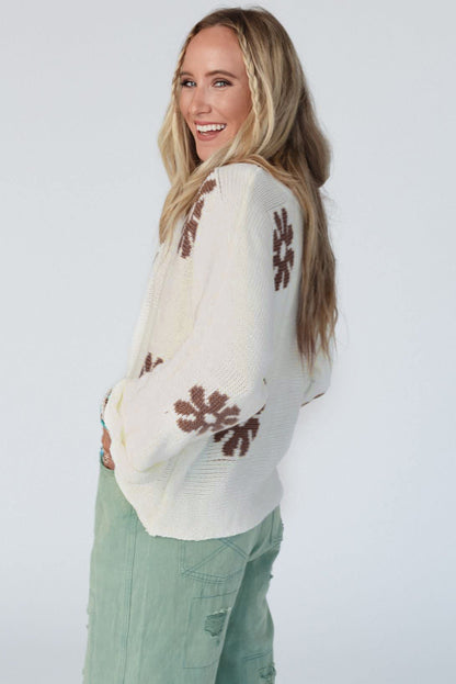 Colourblock Floral Pattern Round Neck Sweater | White