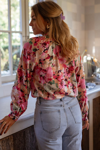 Floral Print Ruffled Stitch Buttoned Loose Fit Shirt | Red