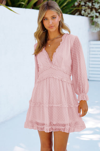 Layered Ruffled Open Back Puff Sleeve Swiss Dot Mini Dress | Pink