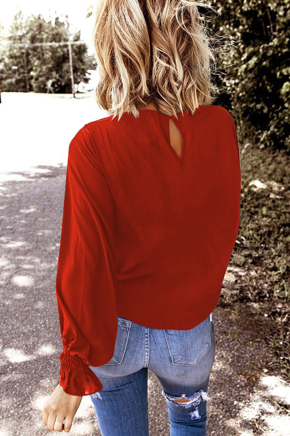 Fiery  Crew Neck Ruffle Bubble Sleeve Top | Red