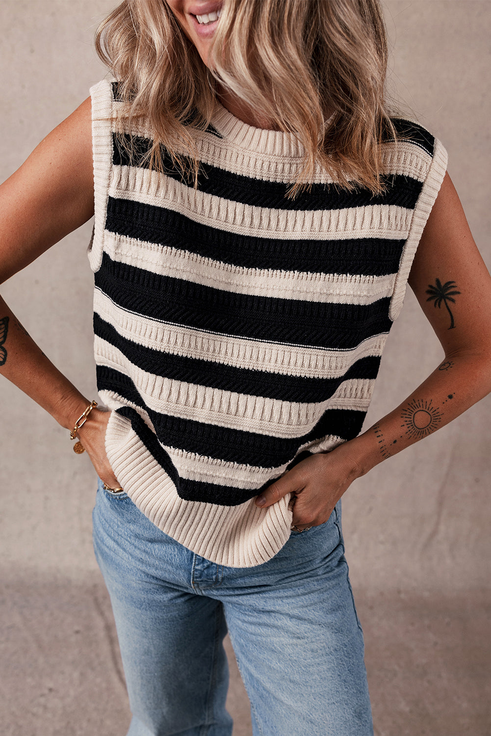 Ribbed Trim Knitted Sweater Vest | Black Stripe