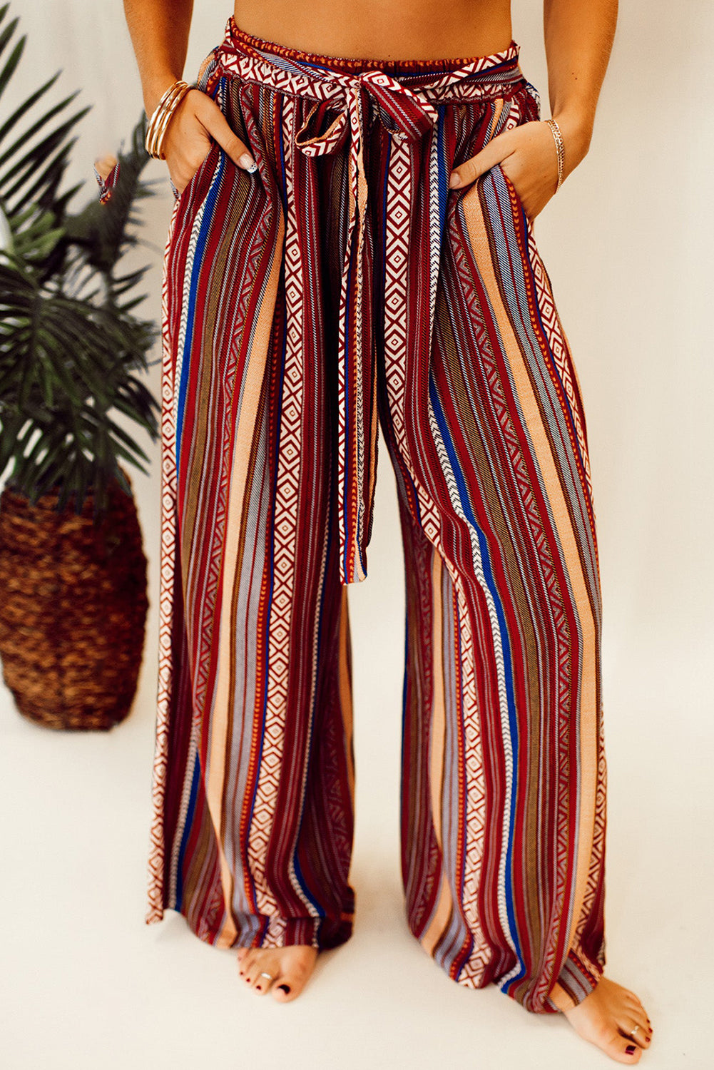 Red Boho Ethnic Striped Print Tie Waist Wide Leg Pants