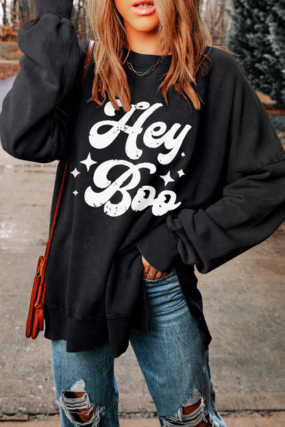 Hey Boo Print Drop Sleeve Side Split Oversized Sweatshirt | Black