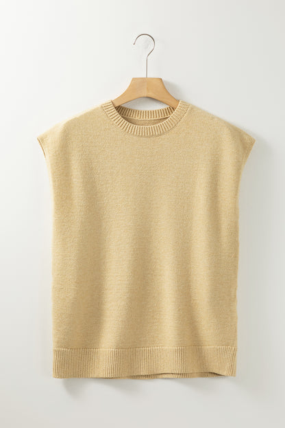 Solid Colour Ribbed Trim Short Sleeve Sweater | Parchment