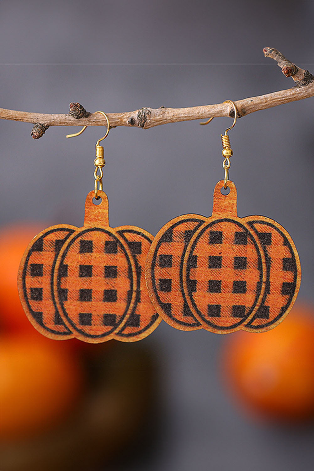 Plaid Print Pumpkin Shape Halloween Drop Earrings | Russet Orange