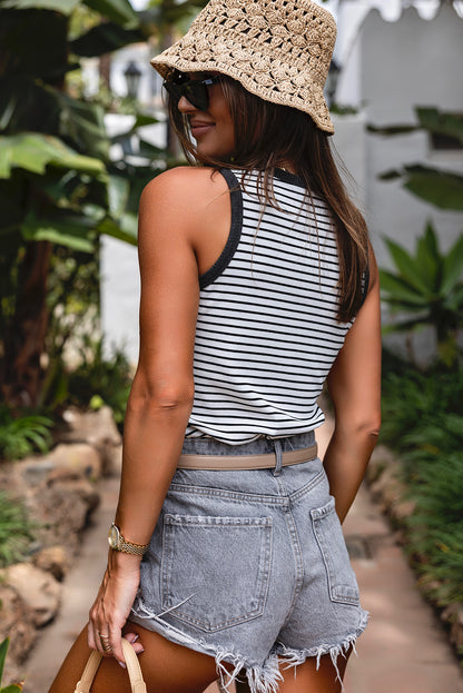 Ribbed Knit Buttoned U Neck Tank Top | White Stripe