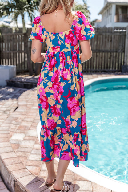 Square Neck Bubble Sleeve Ruffled Floral Dress | Dark Blue