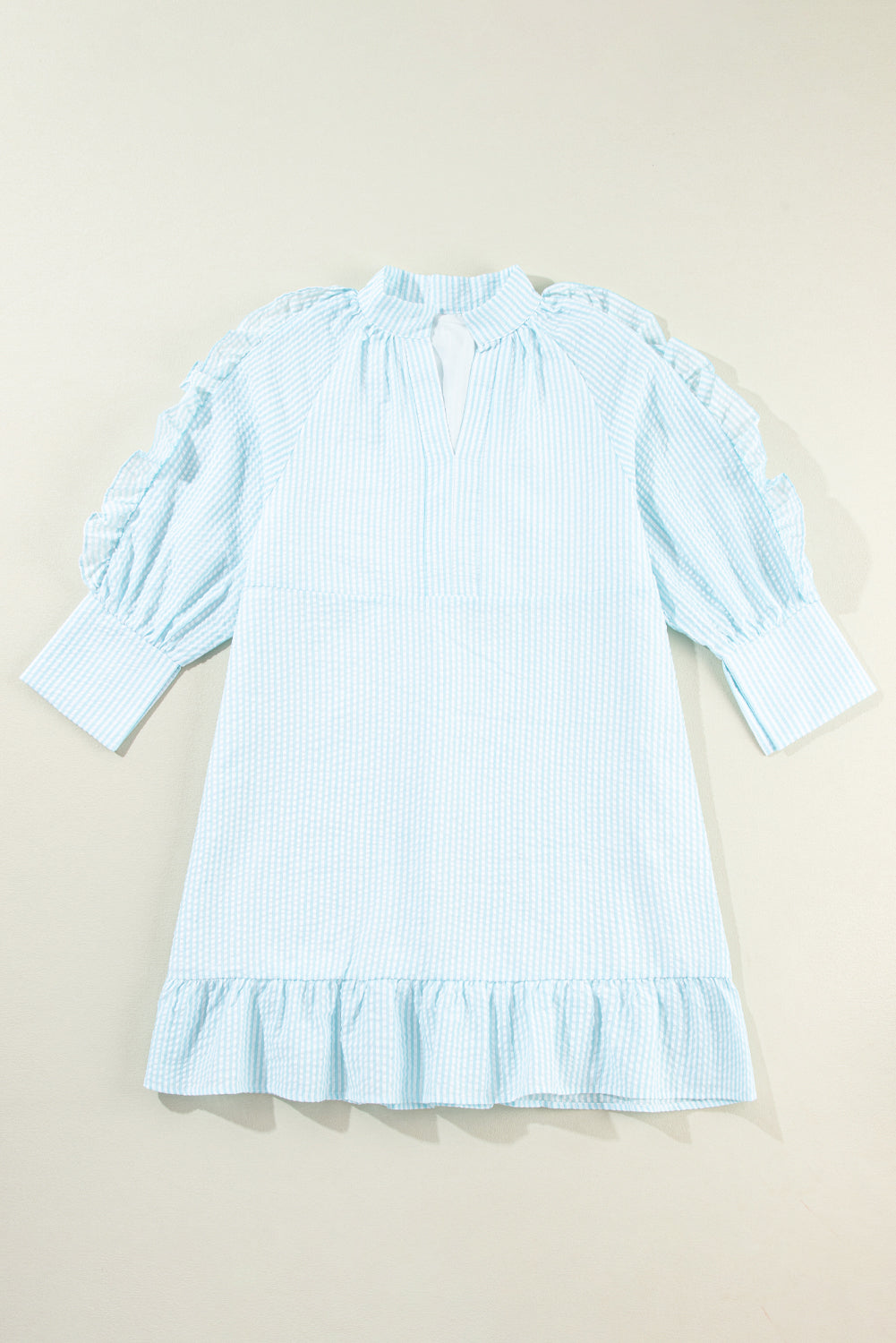 Seersucker Ruffled Puff Sleeve Stand Neck Mini Dress | Myosotis