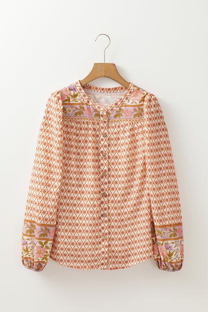 Boho Floral Mixed Print Puff Sleeve Shirt | Multicolour