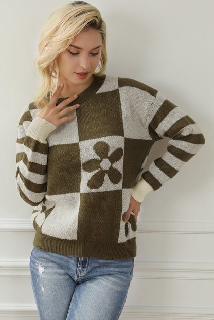 Green Checkered Floral Print Striped Sleeve Sweater | Mist Green