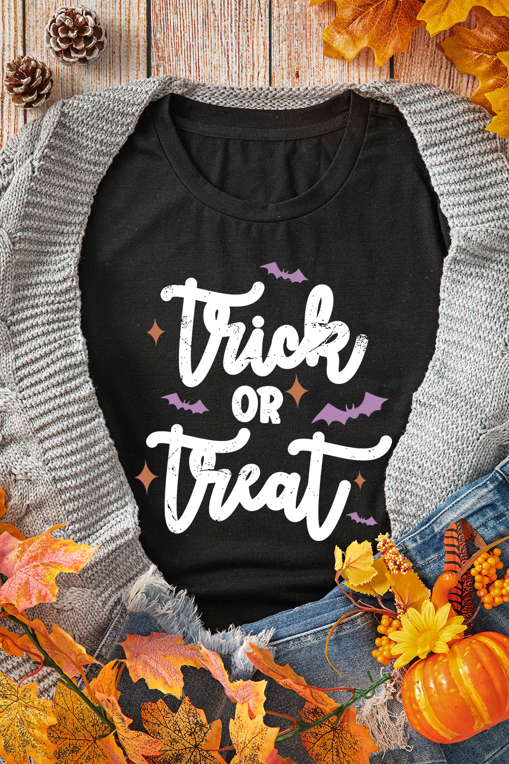 Black Trick Or Treat Bat Print Crew Neck Halloween T Shirt