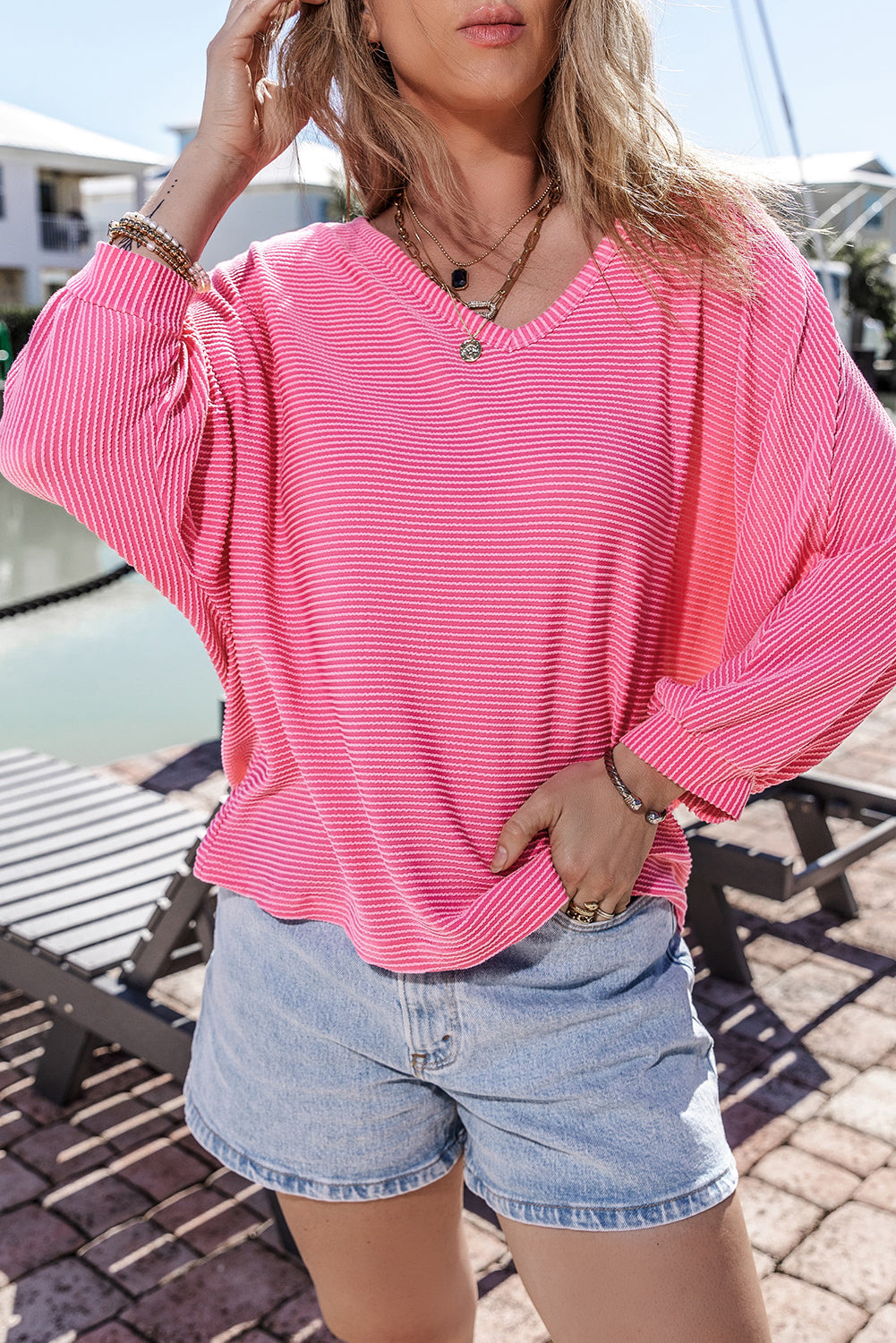 Striped Print Bracelet Sleeve V Neck Top | Strawberry Pink