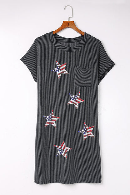 Sequin Flag Stars Ribbed Shift T-Shirt Dress | Gray