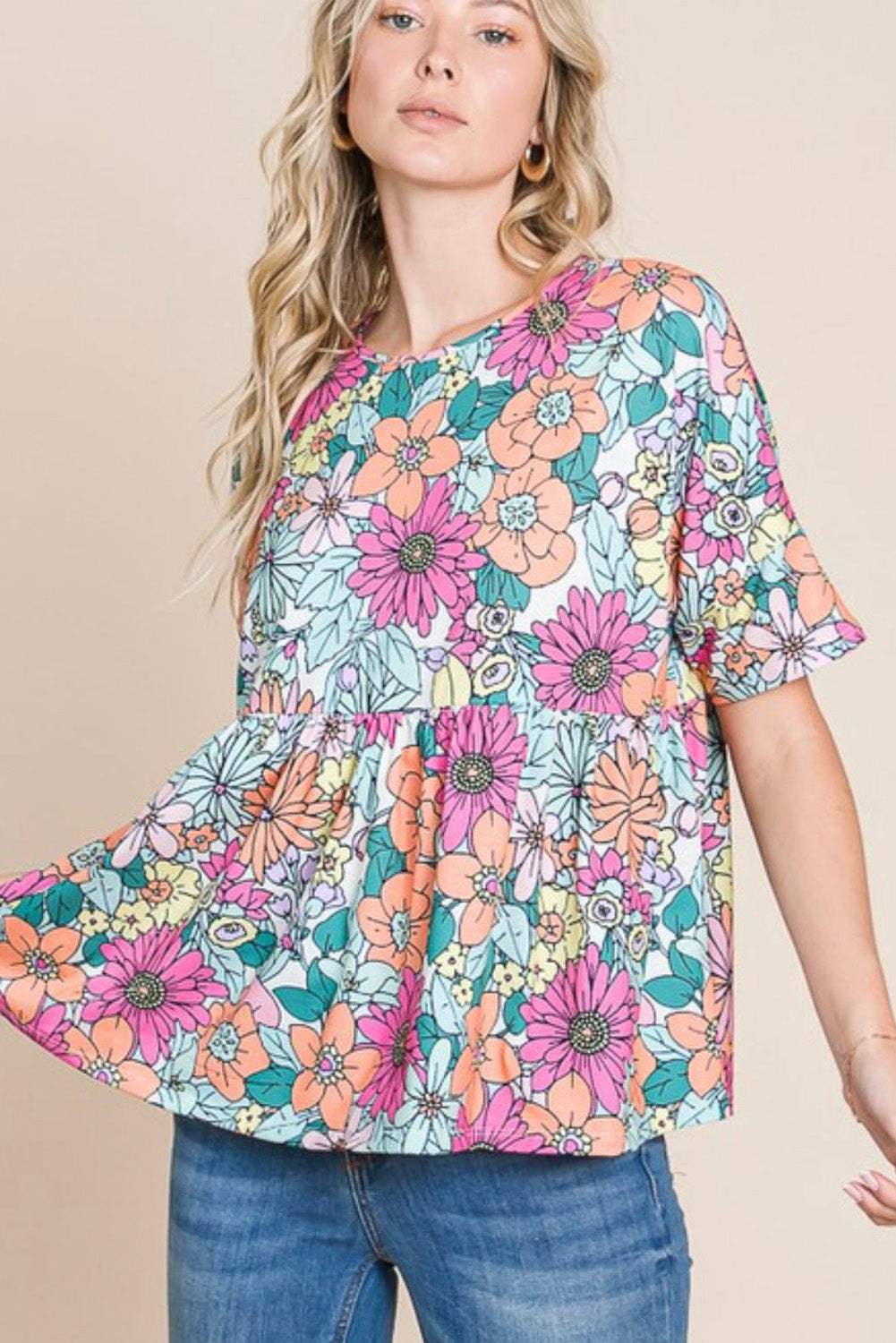 Bohemian Flower Print Flowy Short Sleeve Top | Multicolour