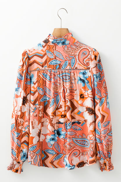 Floral Print Shirred Cuff Buttoned Loose Shirt | Orange