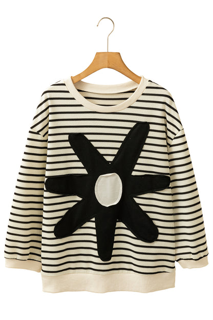 Black White Striped Big Flower Patched 3/4 Sleeve Top | Black white