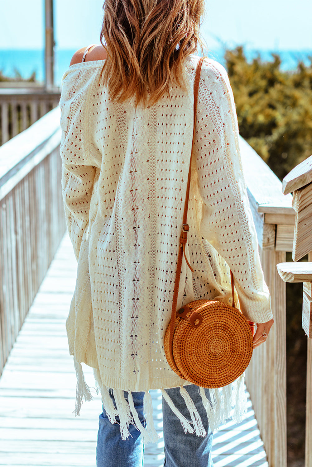 Tasseled Hollow-Out Cable Knit Cardigan | Beige