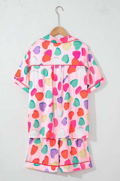 Full Pattern Shirt And Shorts Satin Pajama Set | Pink