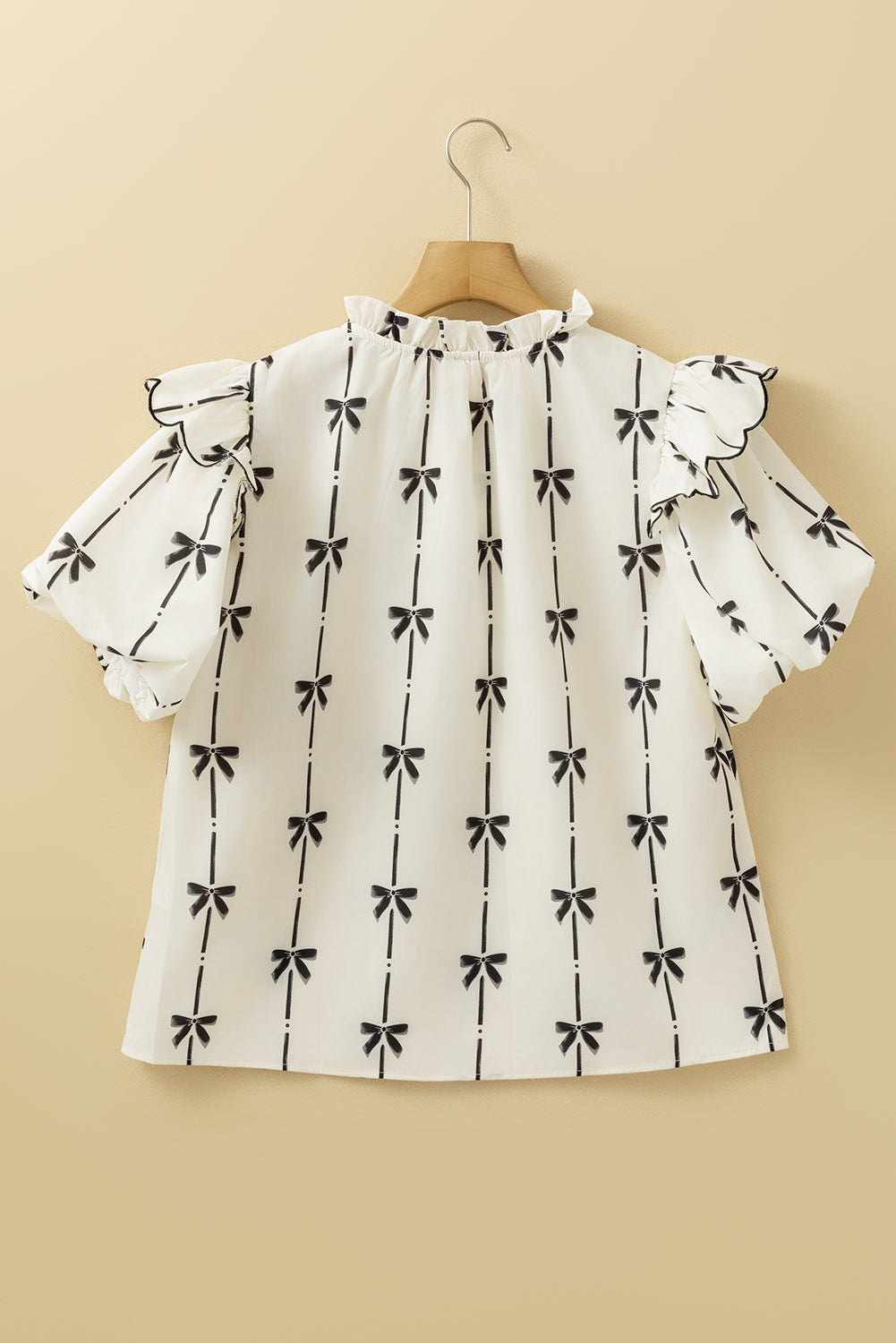 Bow Printed Ruffled Bubble Sleeve Tied Notched V Neck Blouse | Beige