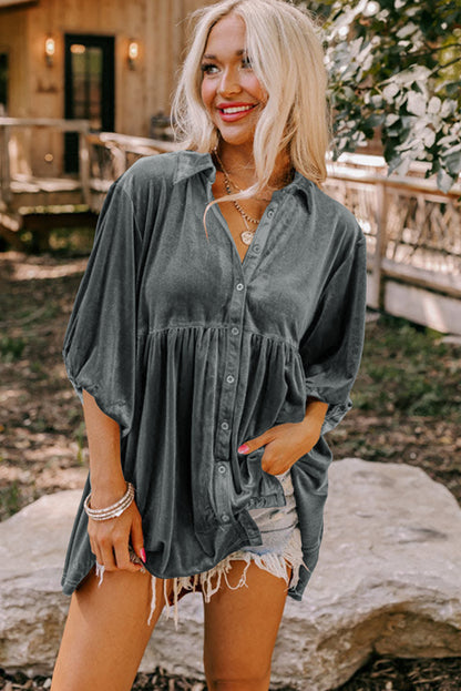 3/4 Sleeve Tunic Babydoll Velvet Shirt | Dark Grey