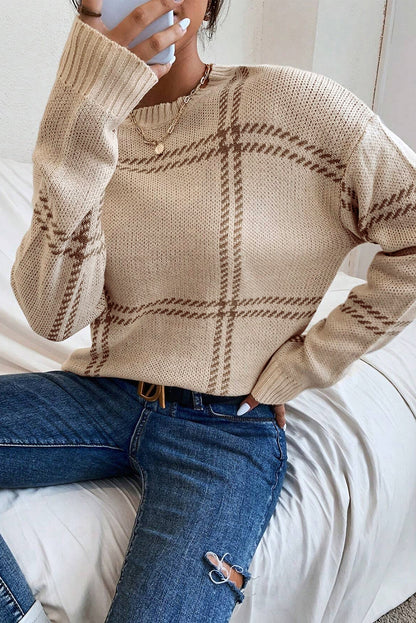 Plaid Pattern Knitted Drop Shoulder Sweater | Khaki