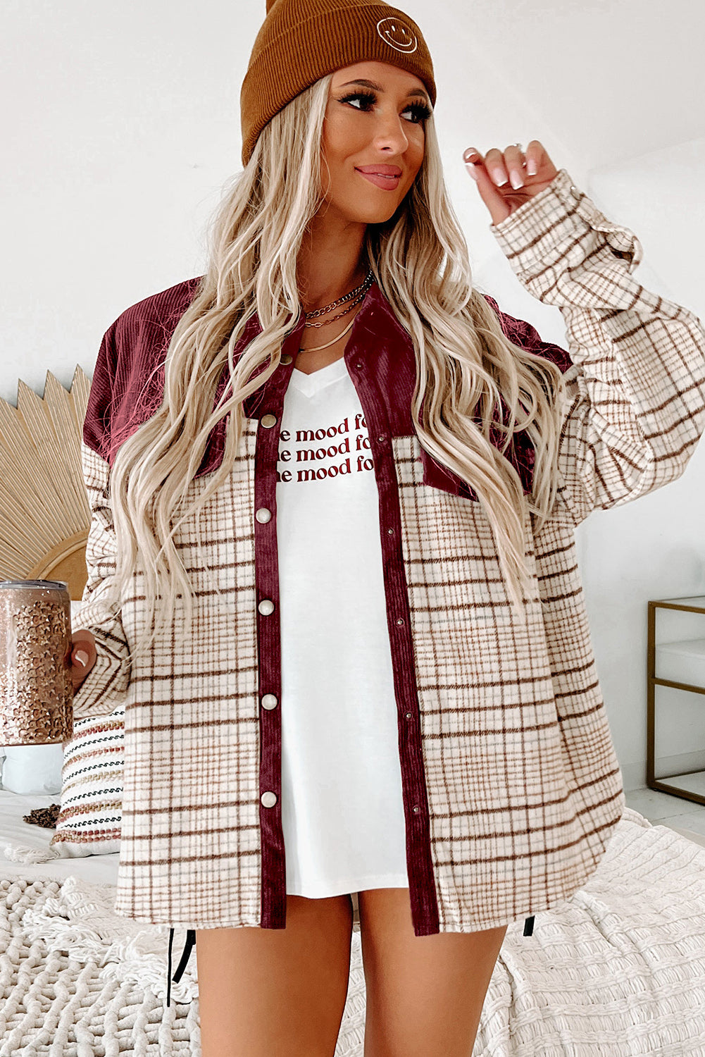 Fiery  Plaid Patchwork Button-Up Shift Shirt Jacket | Red