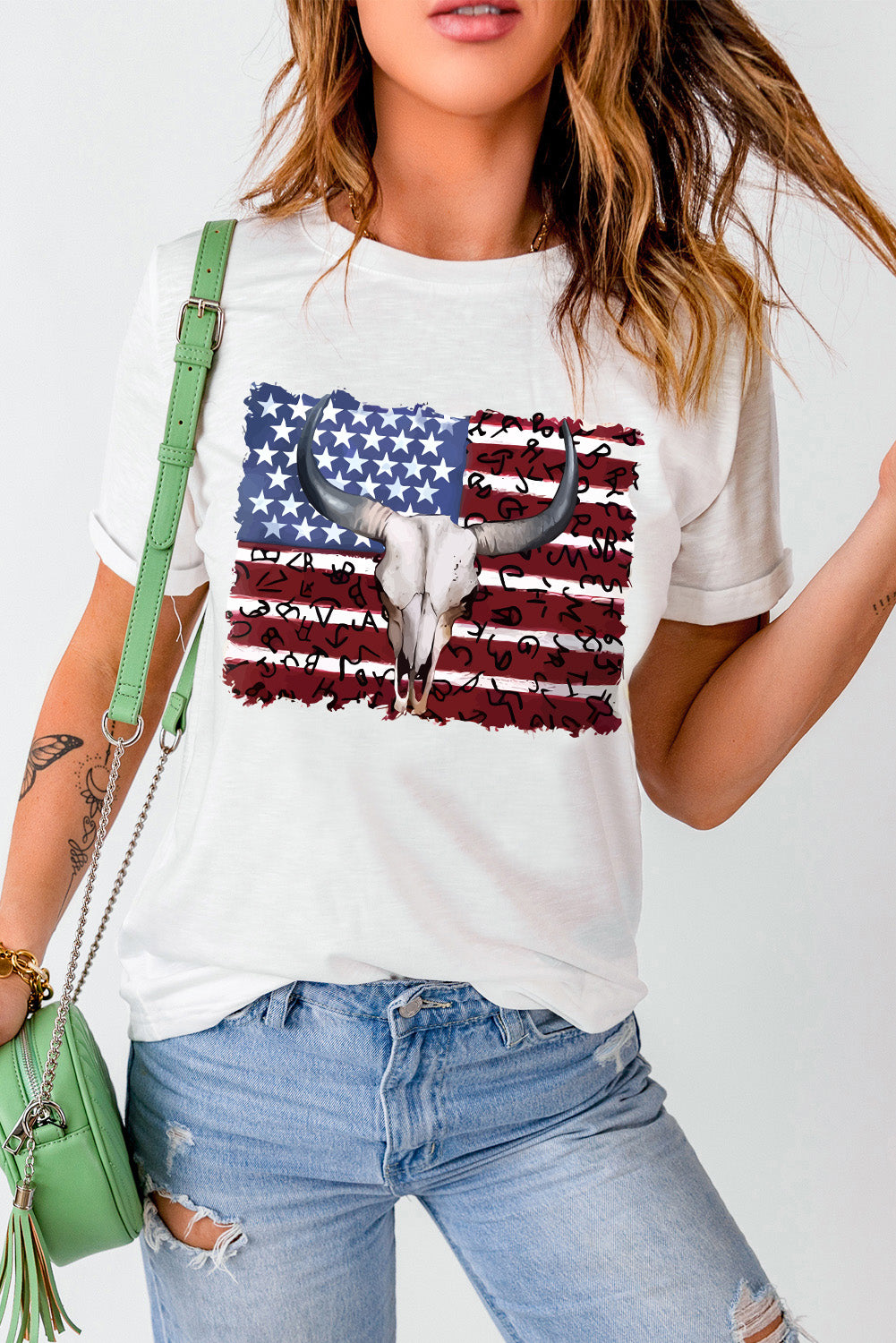 Bull Skull American Flag Graphic Tee | White