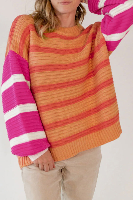 Orange Stripe Colorblock Crew Neck Drop Shoulder Loose Sweater